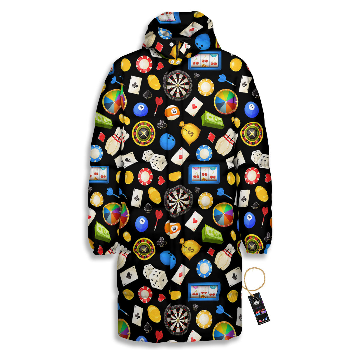 Casino Entertainments Print Pattern Long Down Jacket-grizzshop