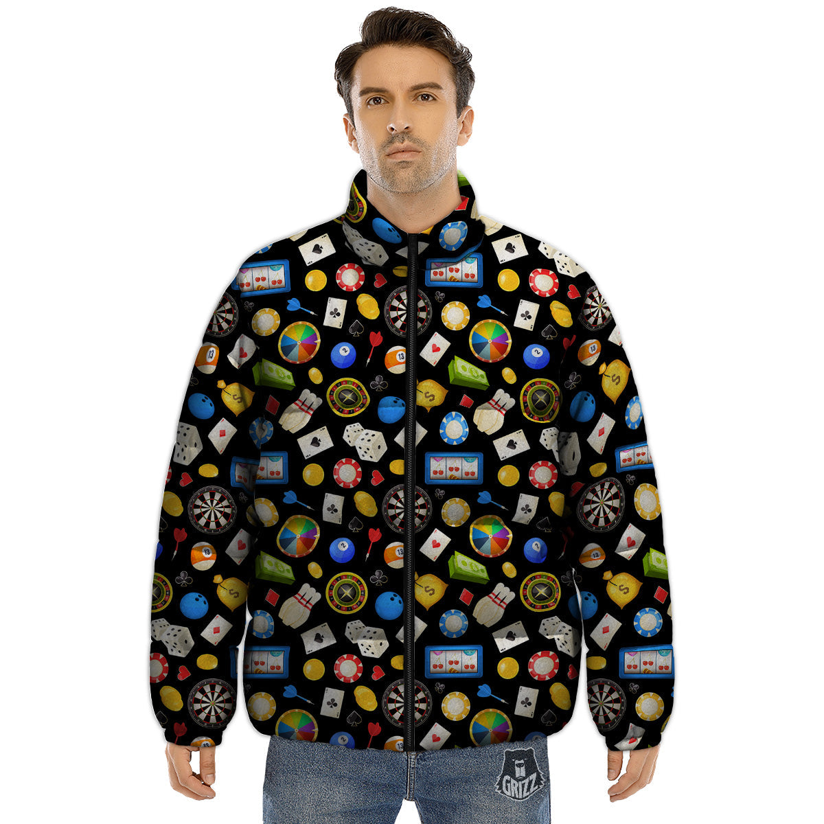 Casino Entertainments Print Pattern Puffer Jacket-grizzshop