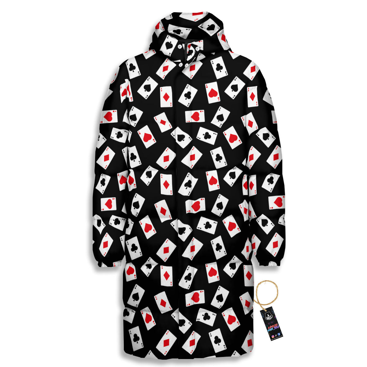 Casino Card Red And Black Print Pattern Long Down Jacket