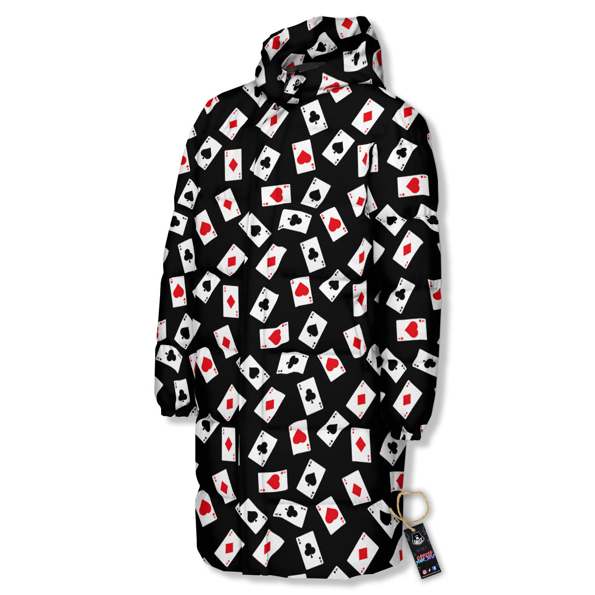 Casino Card Red And Black Print Pattern Long Down Jacket