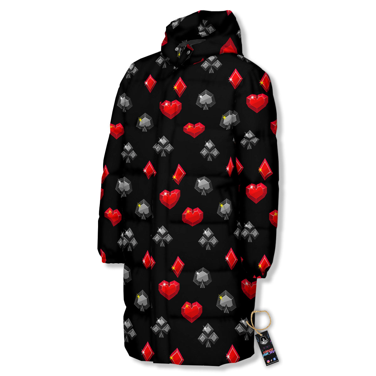 Casino Card Suits Red Black Print Pattern Long Down Jacket
