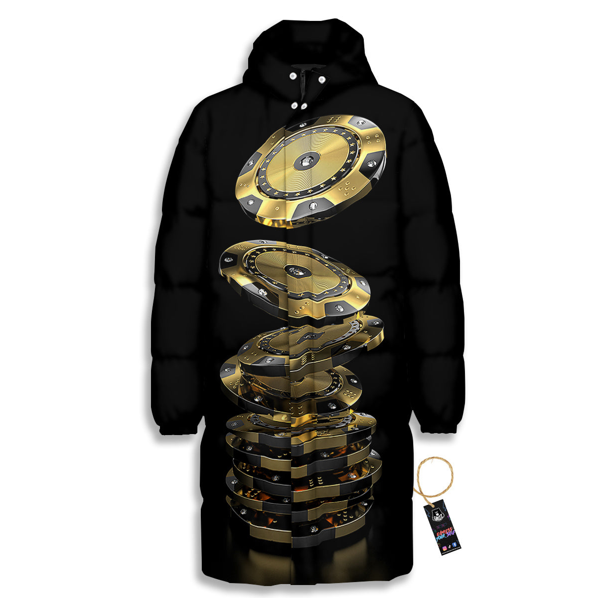 Casino Chips Poker Print Long Down Jacket