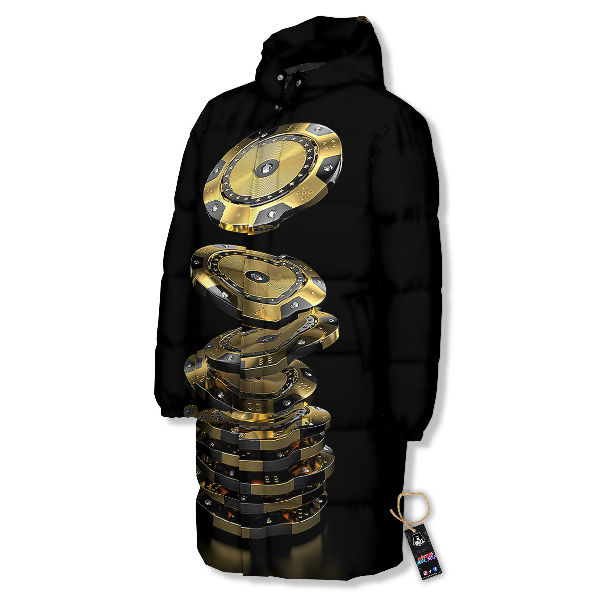 Casino Chips Poker Print Long Down Jacket