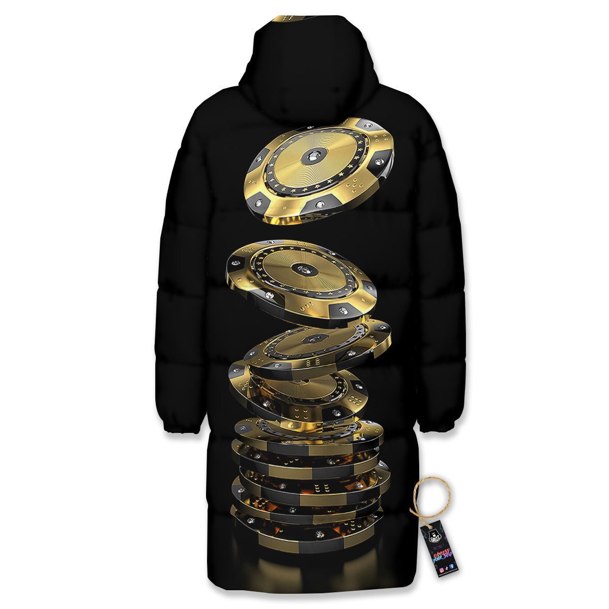 Casino Chips Poker Print Long Down Jacket