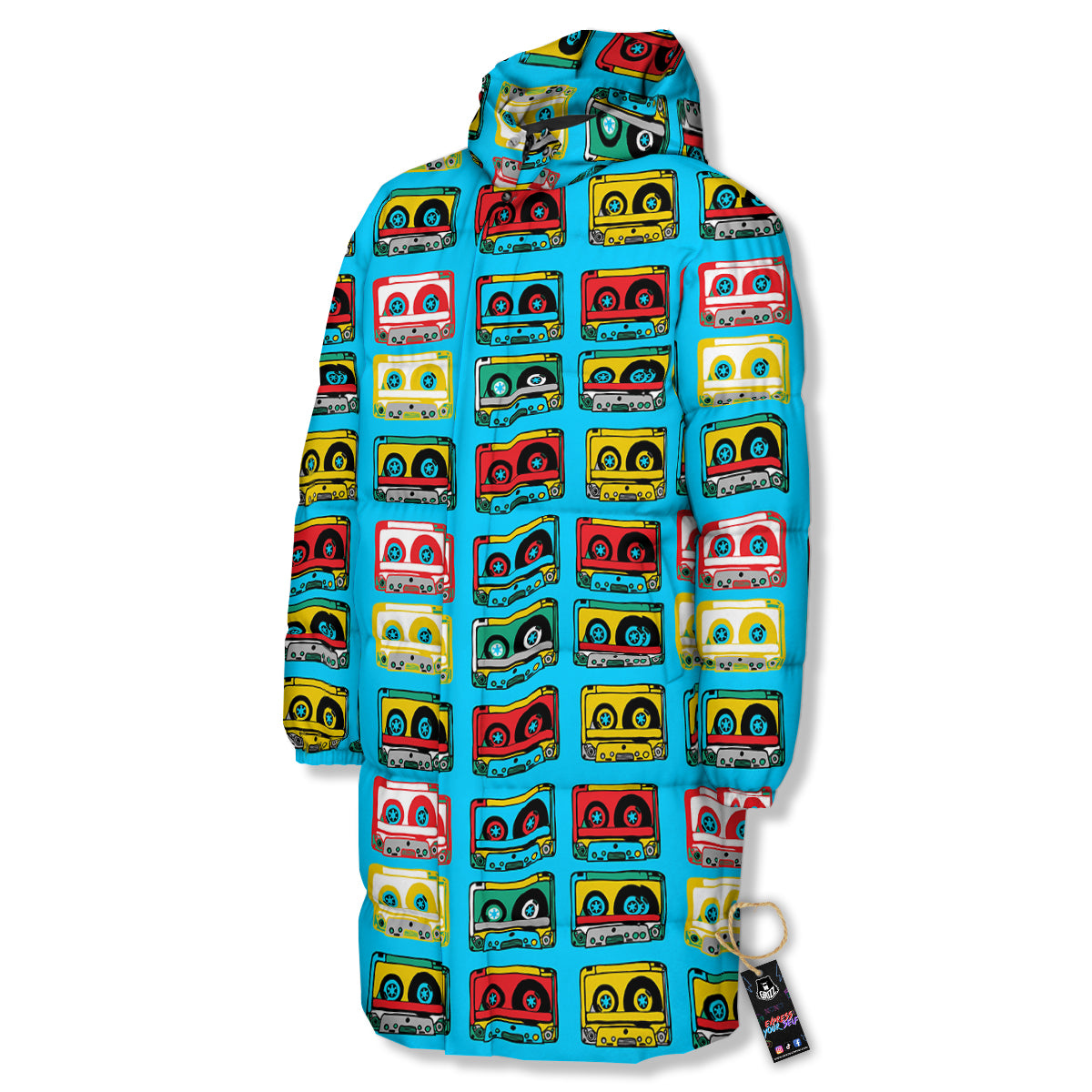 Cassette Colorful Print Pattern Long Down Jacket-grizzshop