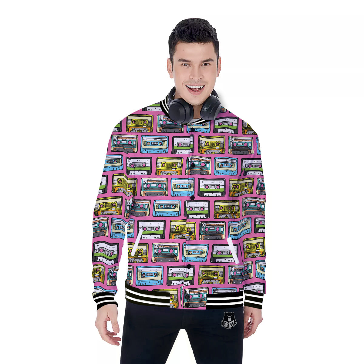 Cassette Drawing Print Pattern Baseball Jacket-grizzshop