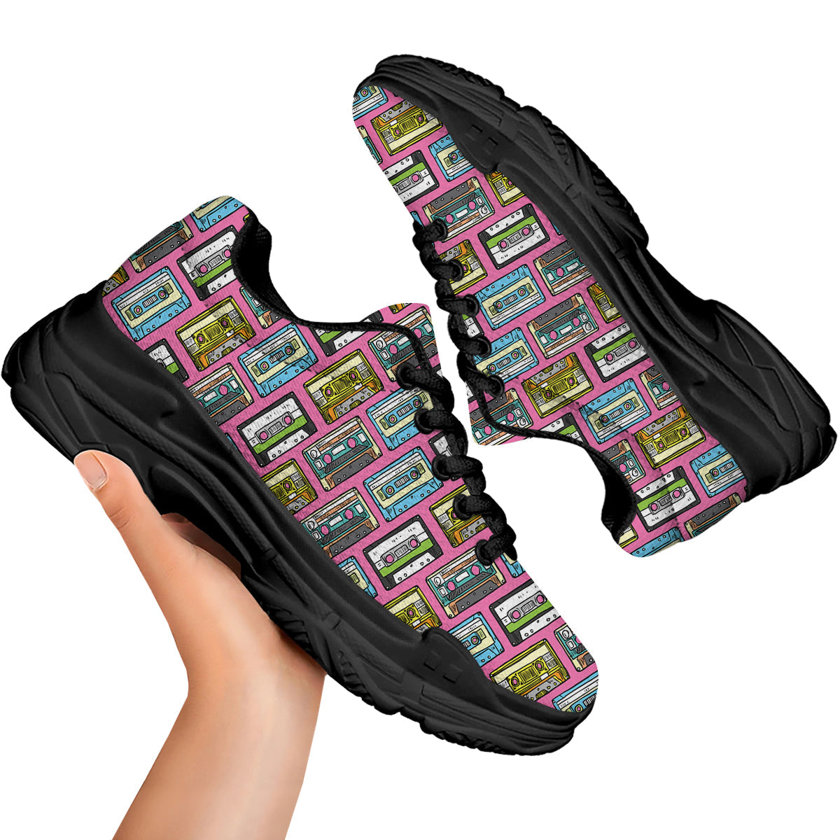 Cassette Drawing Print Pattern Black Chunky Shoes-grizzshop