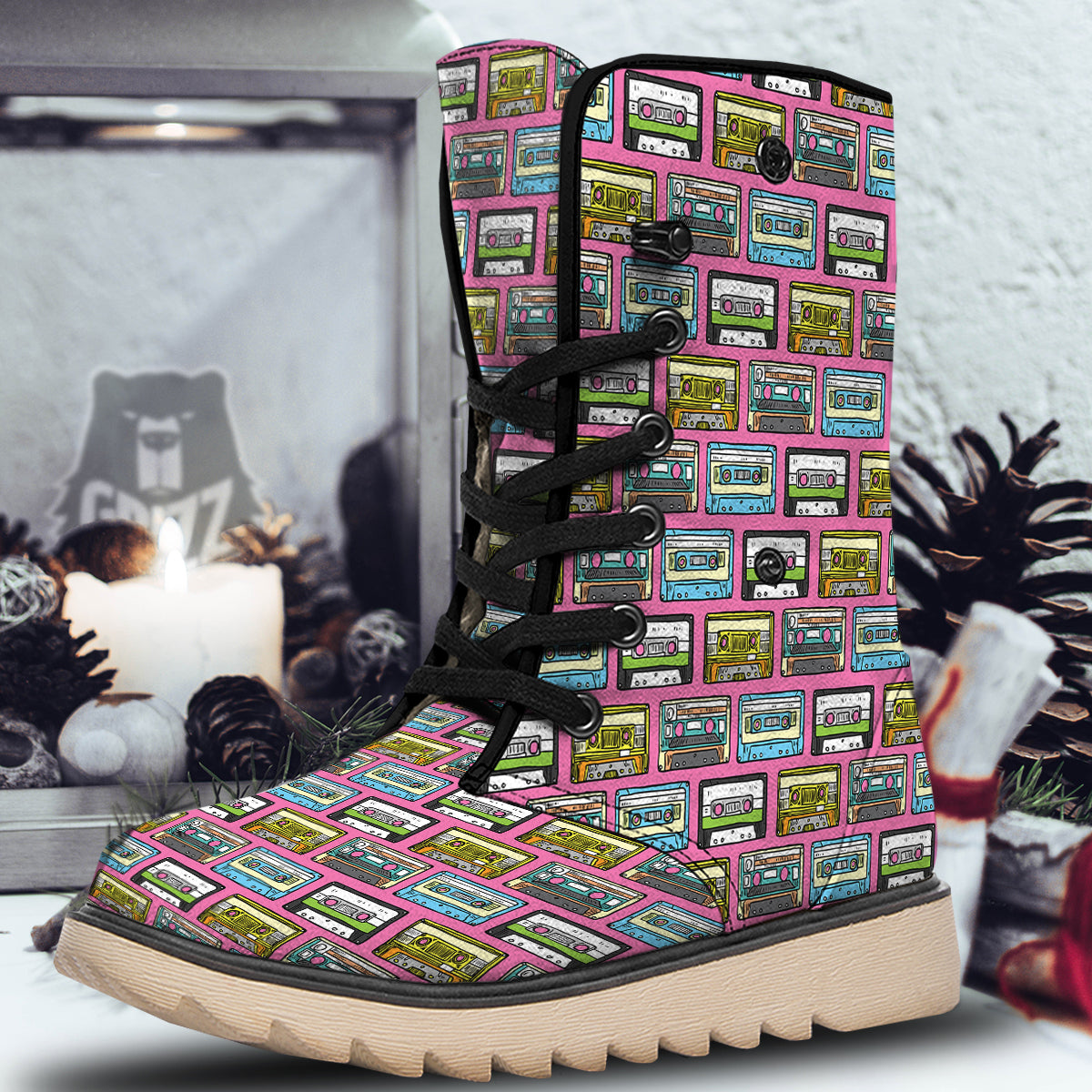 Cassette Drawing Print Pattern Snow Boots-grizzshop