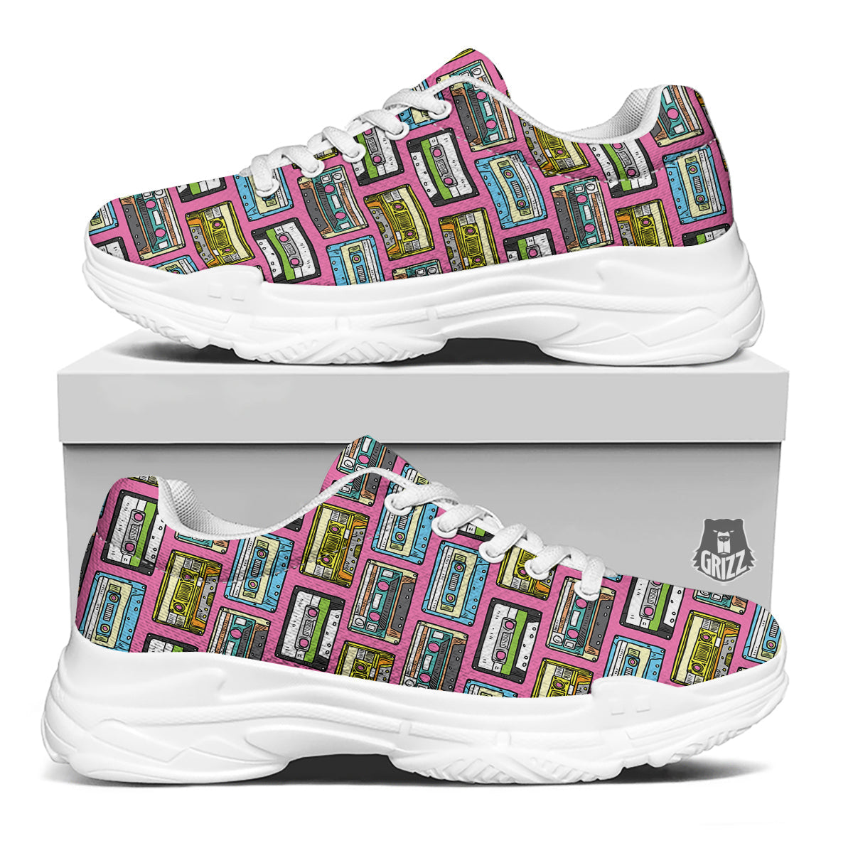 Cassette Drawing Print Pattern White Chunky Shoes-grizzshop