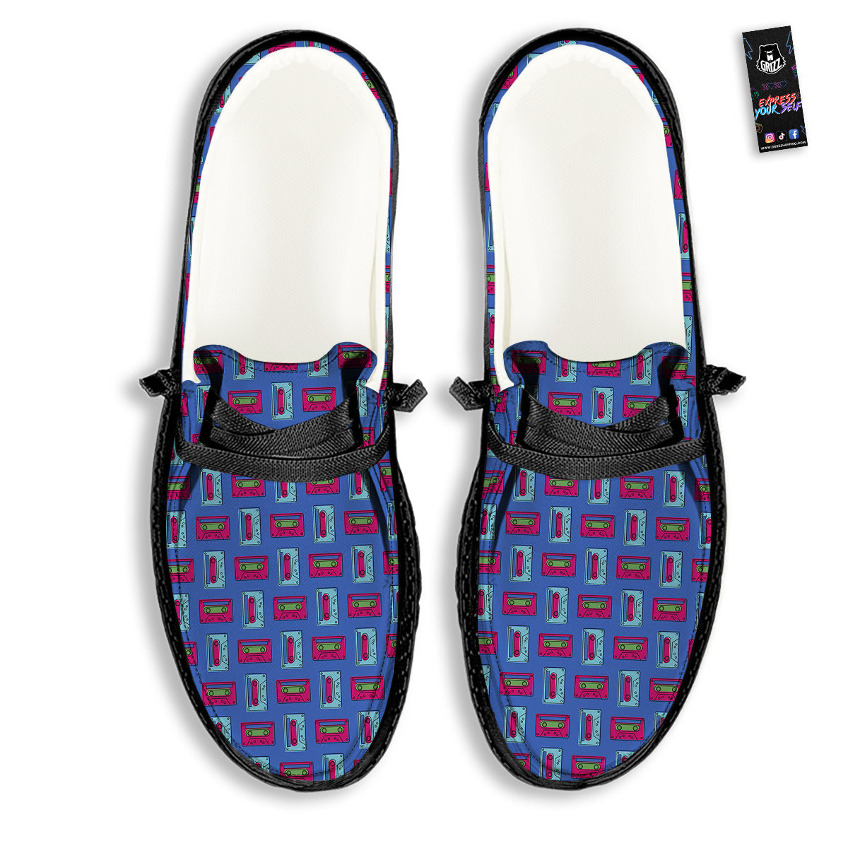 Cassette Pink And Blue Print Pattern Black Loafers-grizzshop