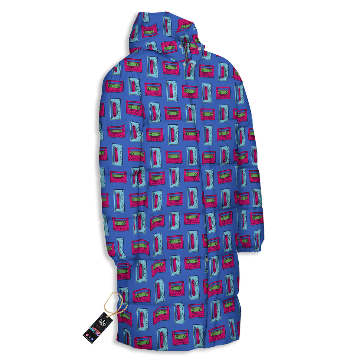 Cassette Pink And Blue Print Pattern Long Down Jacket-grizzshop