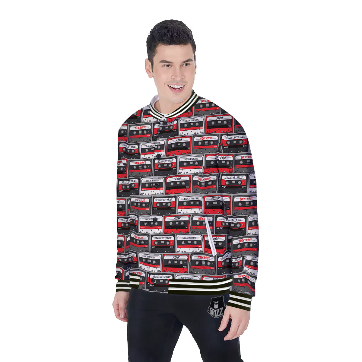 Cassette Red Punk Print Pattern Baseball Jacket-grizzshop