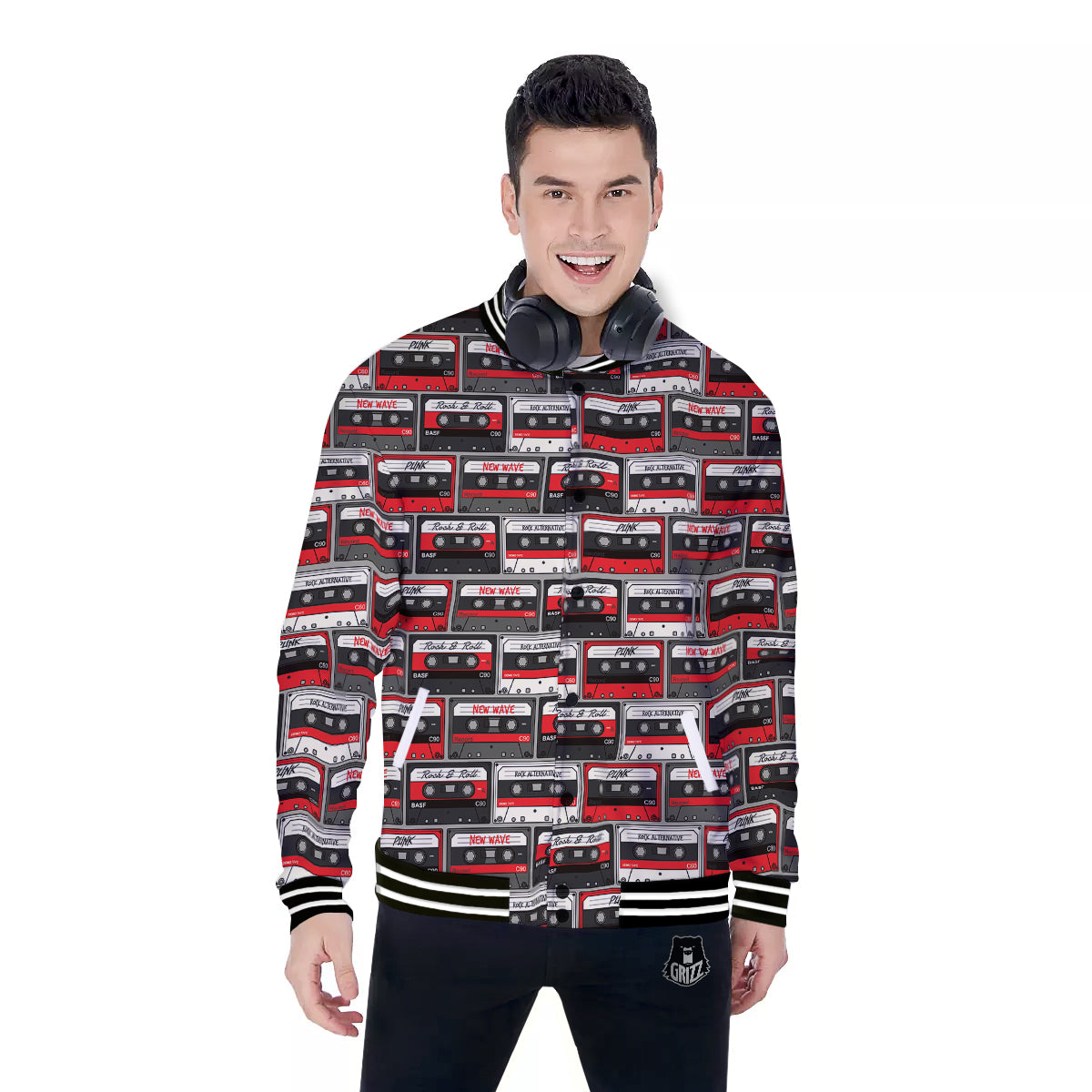 Cassette Red Punk Print Pattern Baseball Jacket-grizzshop