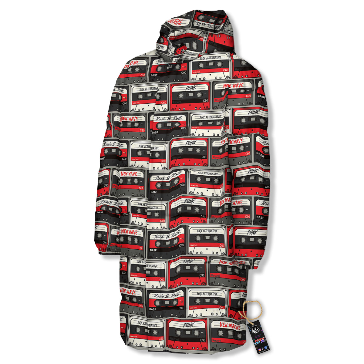 Cassette Red Punk Print Pattern Long Down Jacket-grizzshop