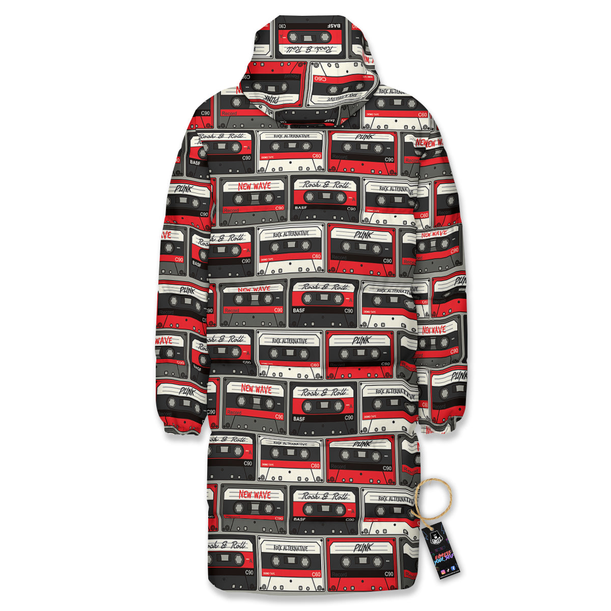 Cassette Red Punk Print Pattern Long Down Jacket-grizzshop