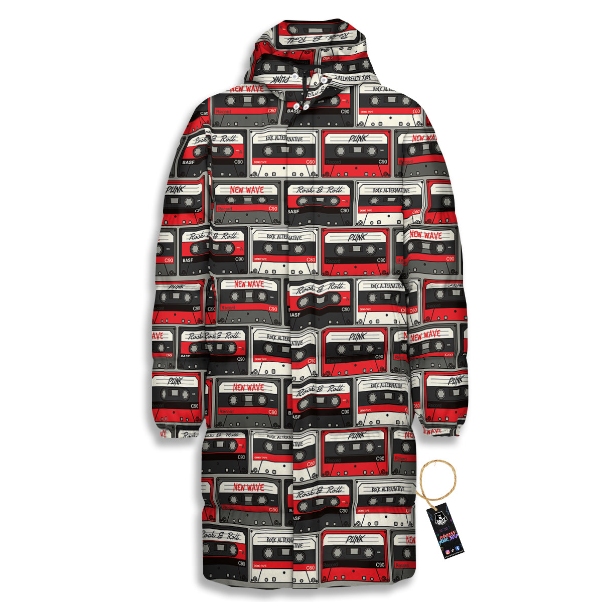 Cassette Red Punk Print Pattern Long Down Jacket-grizzshop