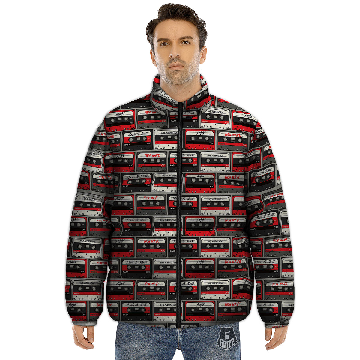 Cassette Red Punk Print Pattern Puffer Jacket-grizzshop