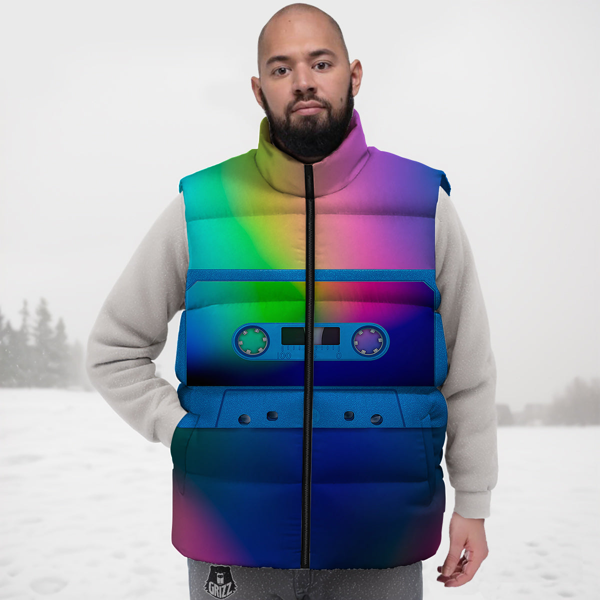 Cassette Tape Colorful Print Down Vest