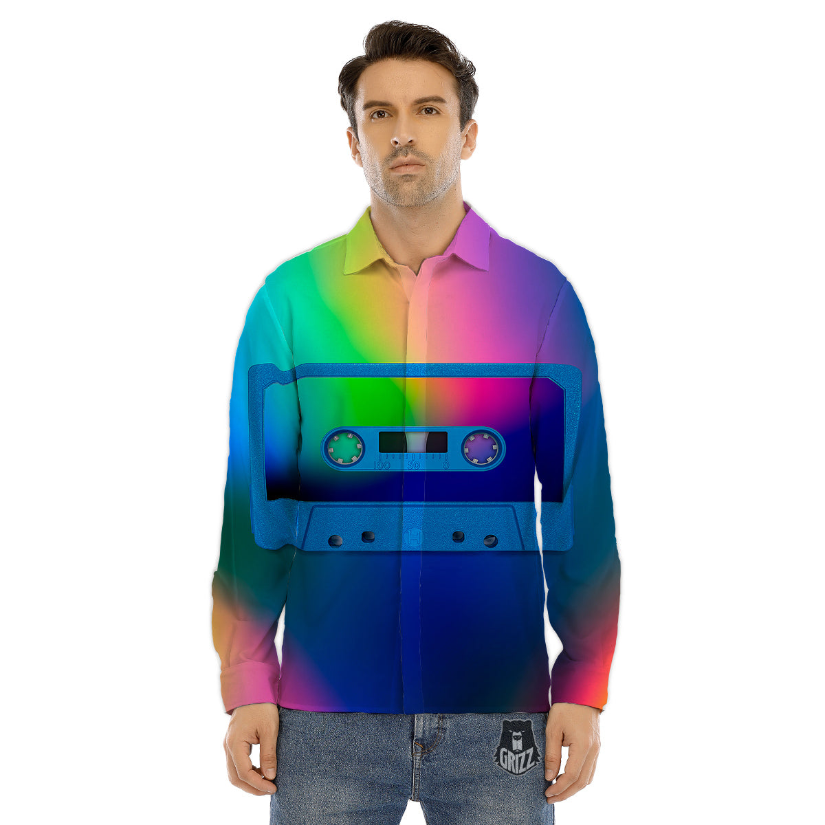 Cassette Tape Colorful Print Men's Dress Shirts-grizzshop