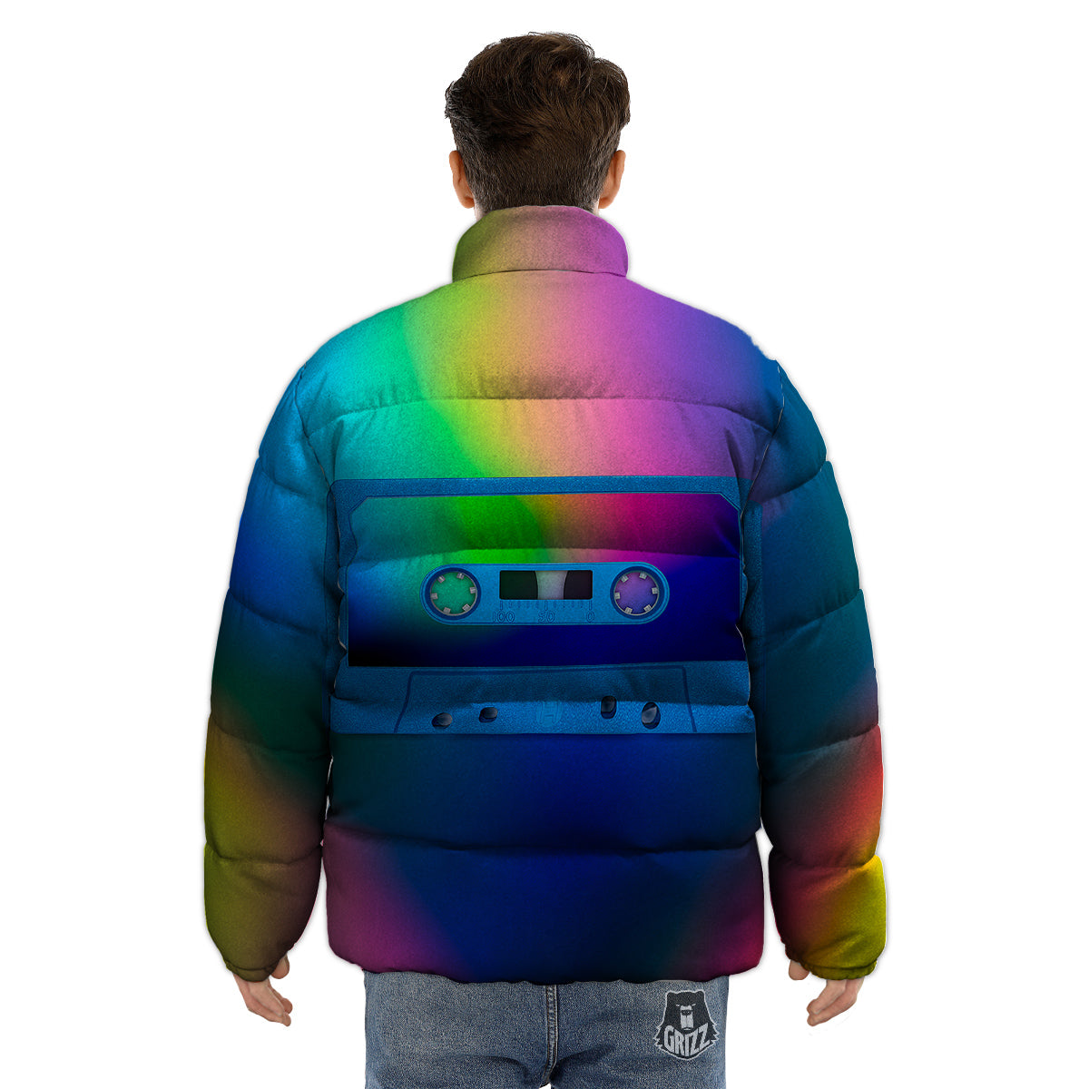 Cassette Tape Colorful Print Puffer Jacket-grizzshop