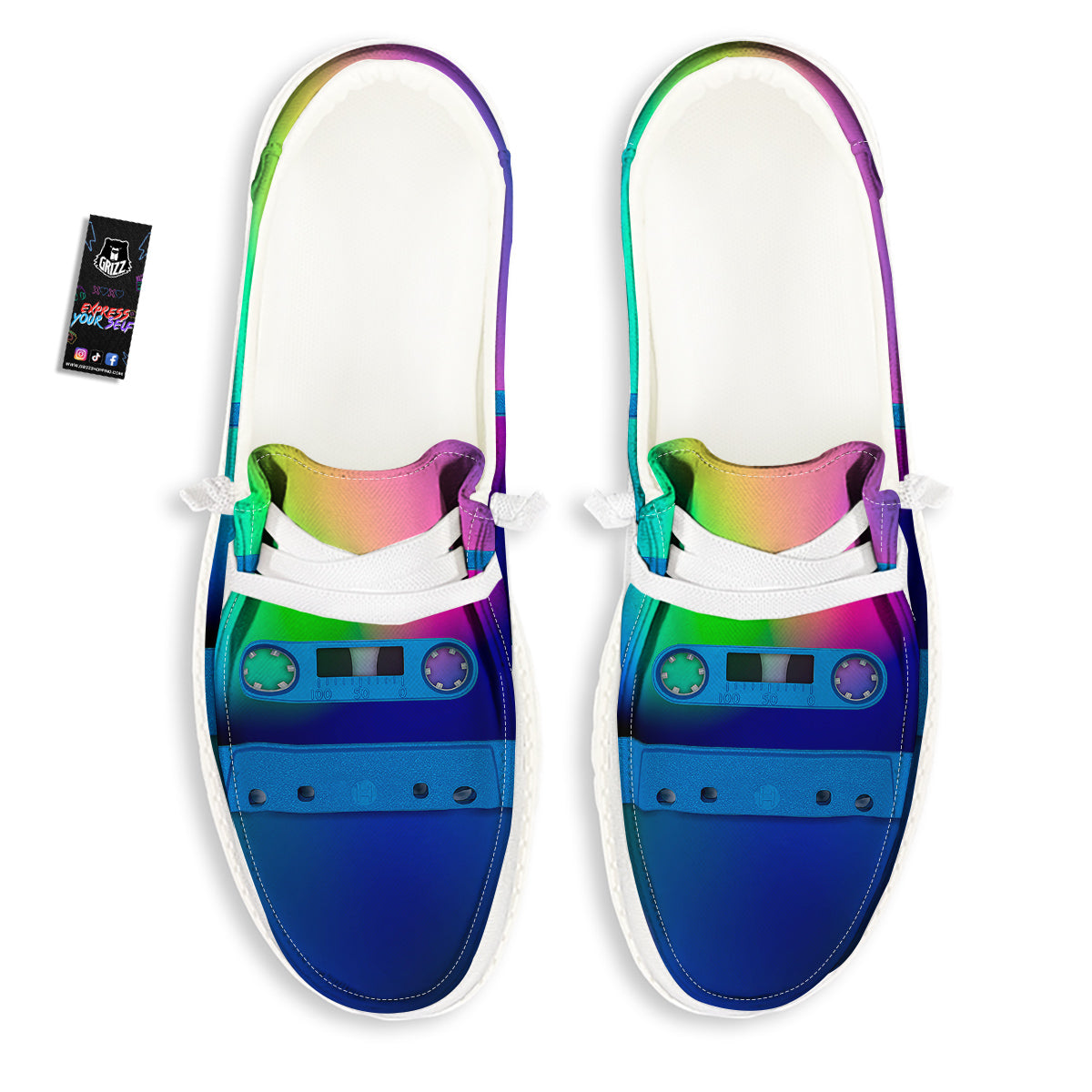 Cassette Tape Colorful Print White Loafers-grizzshop