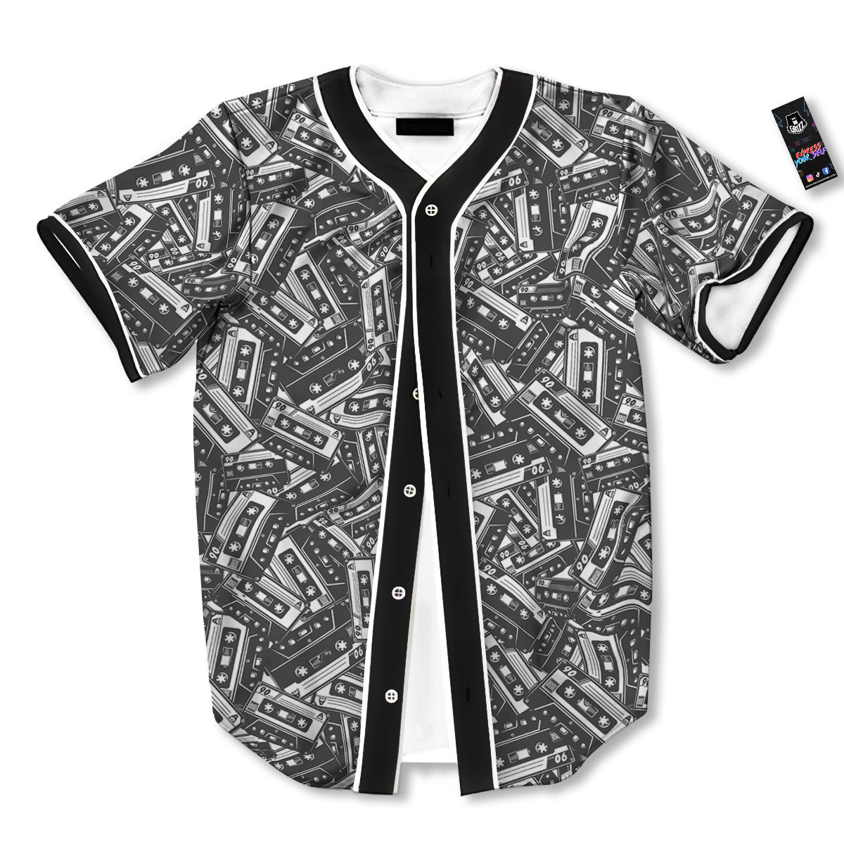 Cassette Tape Monochrome Print Pattern Baseball Jersey-grizzshop