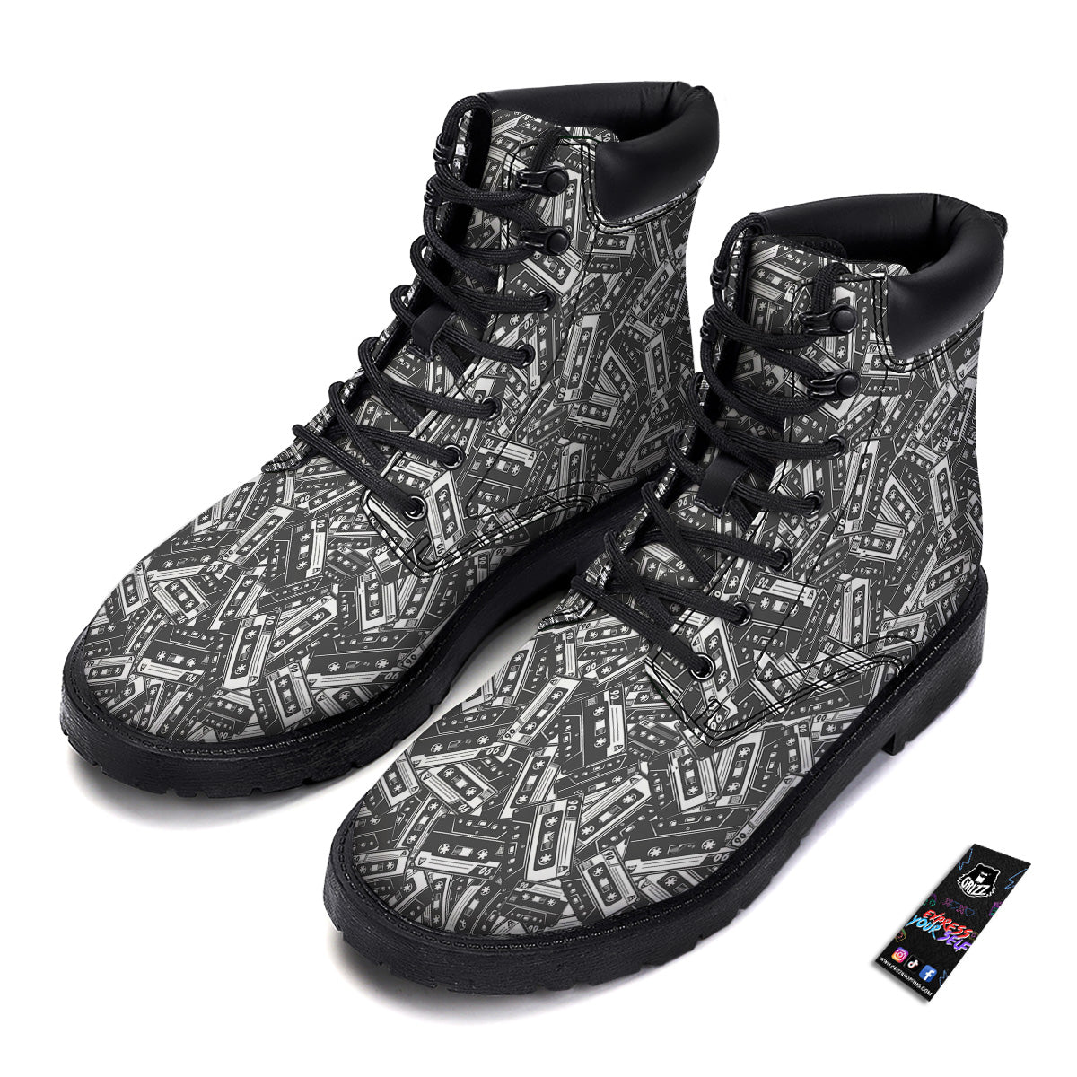Cassette Tape Monochrome Print Pattern Boots-grizzshop