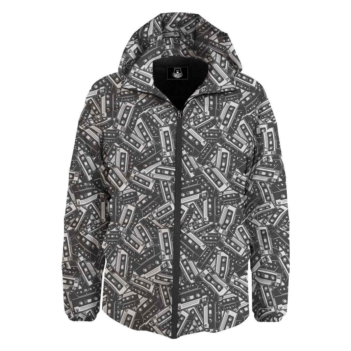 Cassette Tape Monochrome Print Pattern Down Jacket-grizzshop
