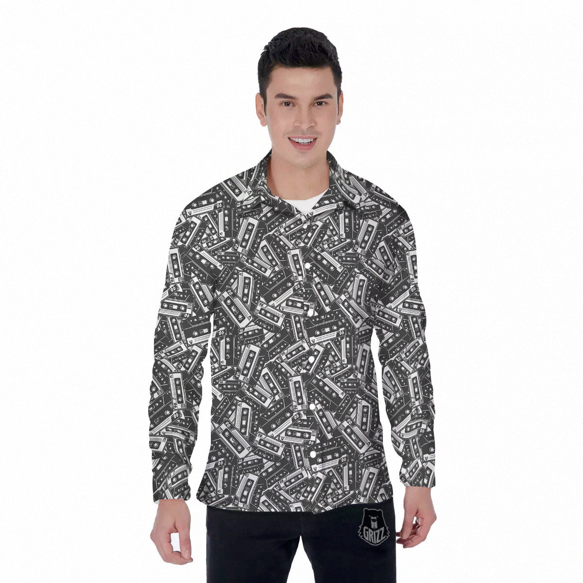Cassette Tape Monochrome Print Pattern Men's Long Sleeve Shirts-grizzshop