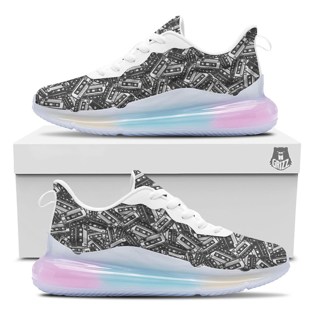 Cassette Tape Monochrome Print Pattern Running Sneakers-grizzshop