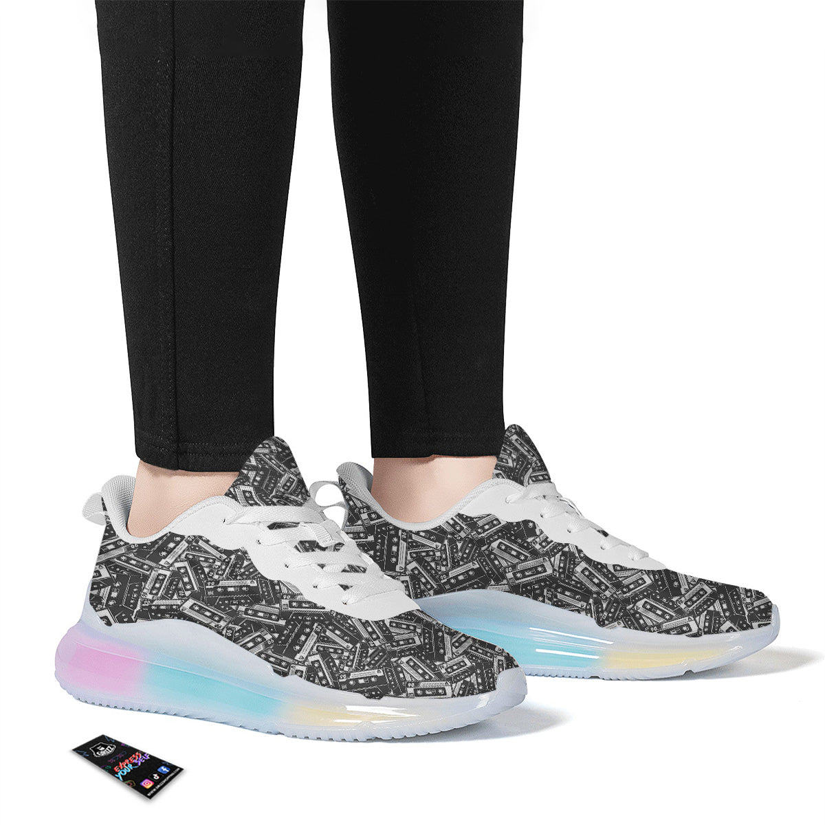 Cassette Tape Monochrome Print Pattern Running Sneakers-grizzshop