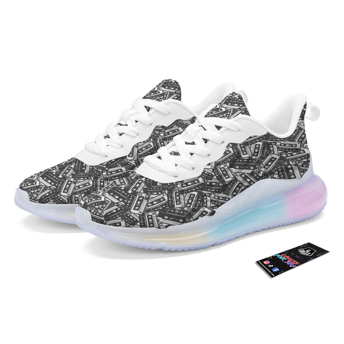 Cassette Tape Monochrome Print Pattern Running Sneakers-grizzshop