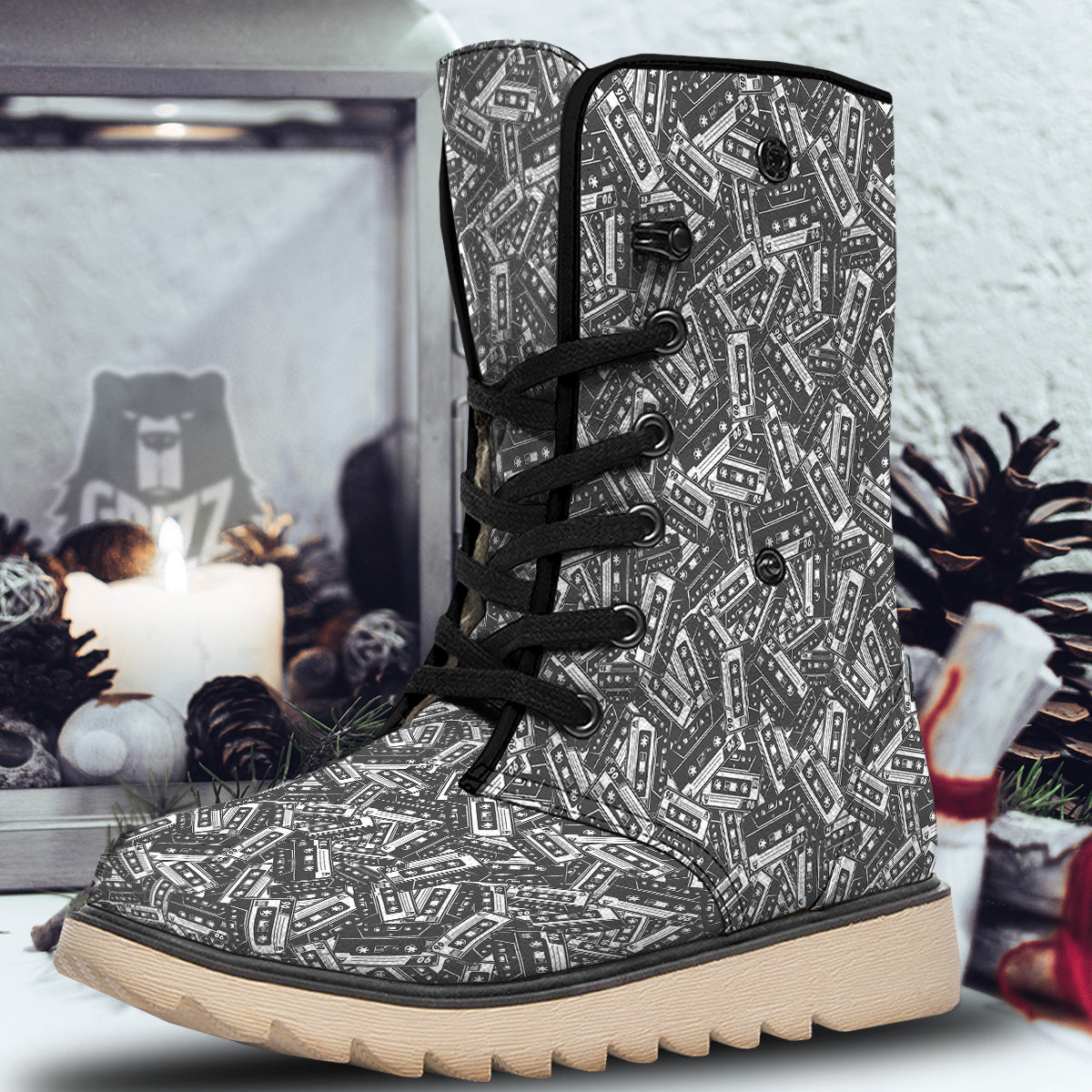 Cassette Tape Monochrome Print Pattern Snow Boots-grizzshop