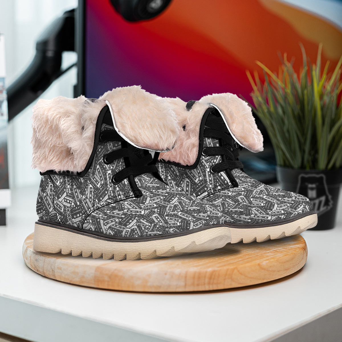 Cassette Tape Monochrome Print Pattern Snow Boots-grizzshop
