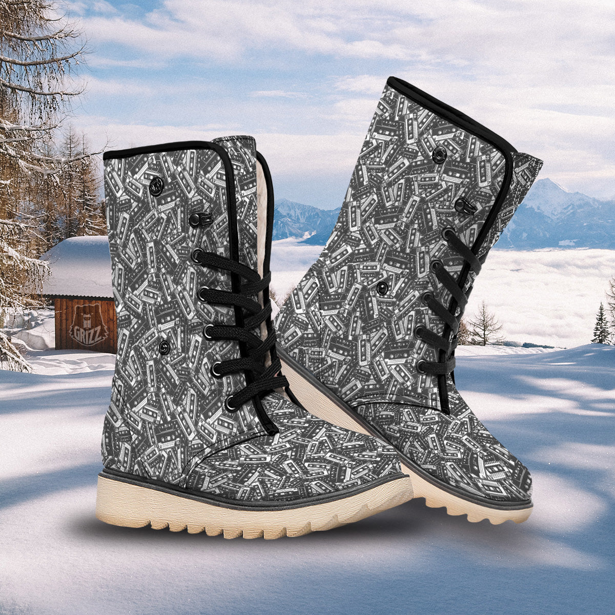 Cassette Tape Monochrome Print Pattern Snow Boots-grizzshop