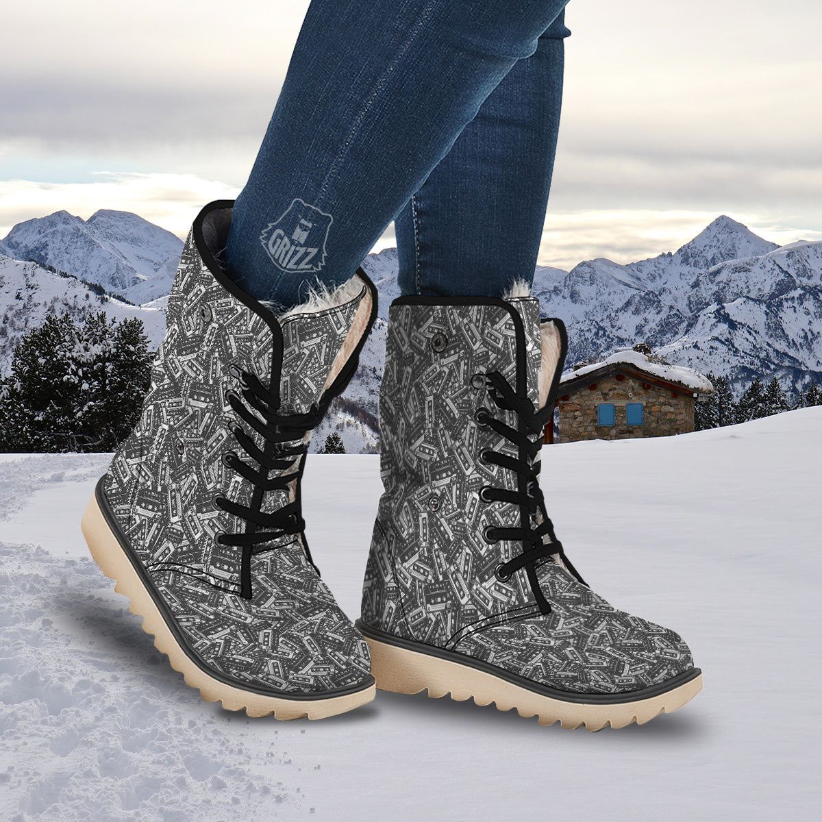 Cassette Tape Monochrome Print Pattern Snow Boots-grizzshop