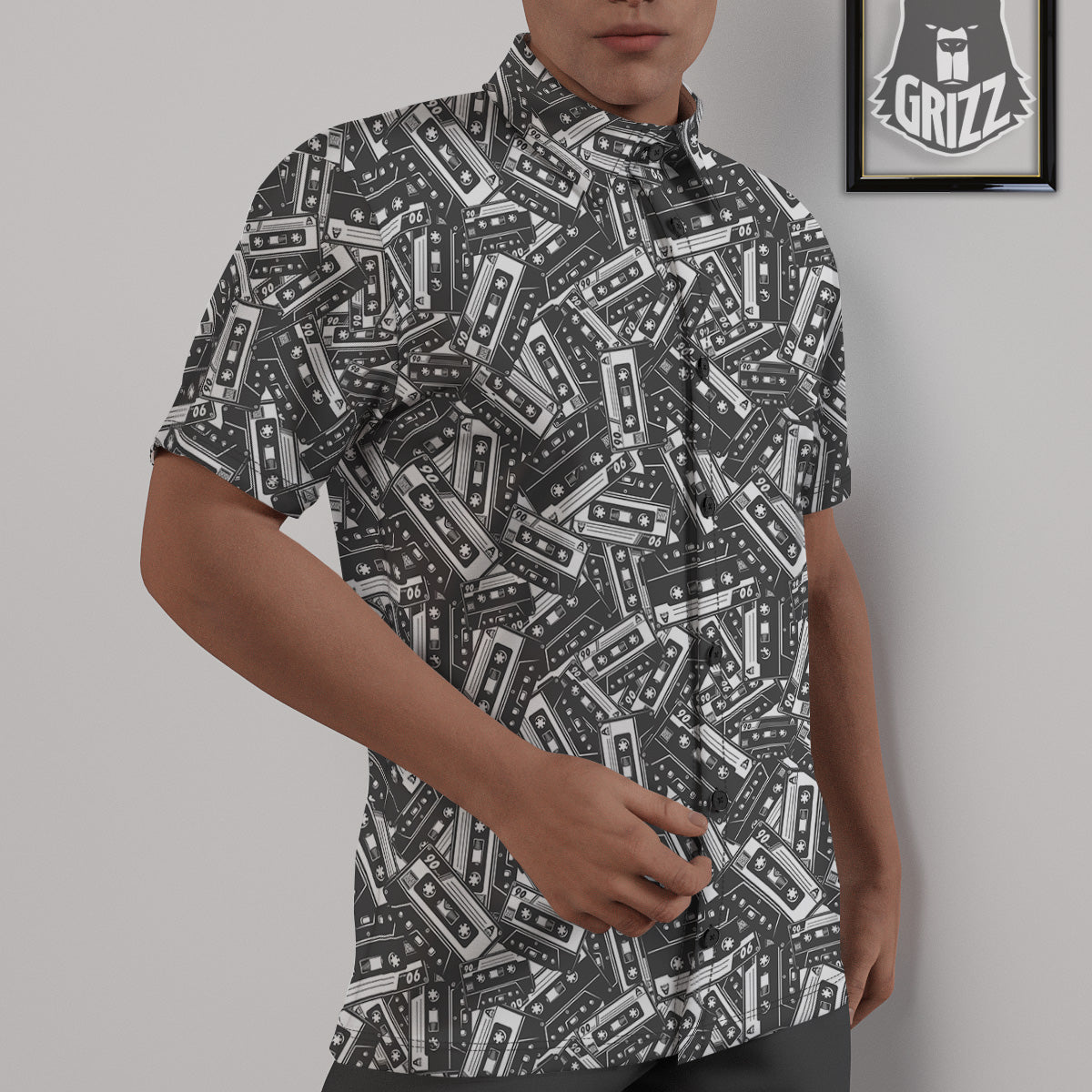 Cassette Tape Monochrome Print Pattern Untucked Shirts-grizzshop
