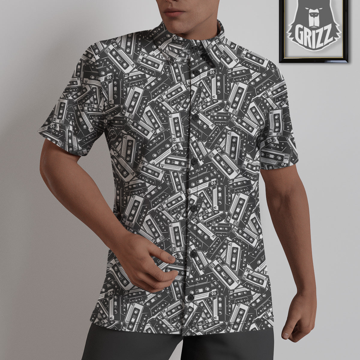 Cassette Tape Monochrome Print Pattern Untucked Shirts-grizzshop
