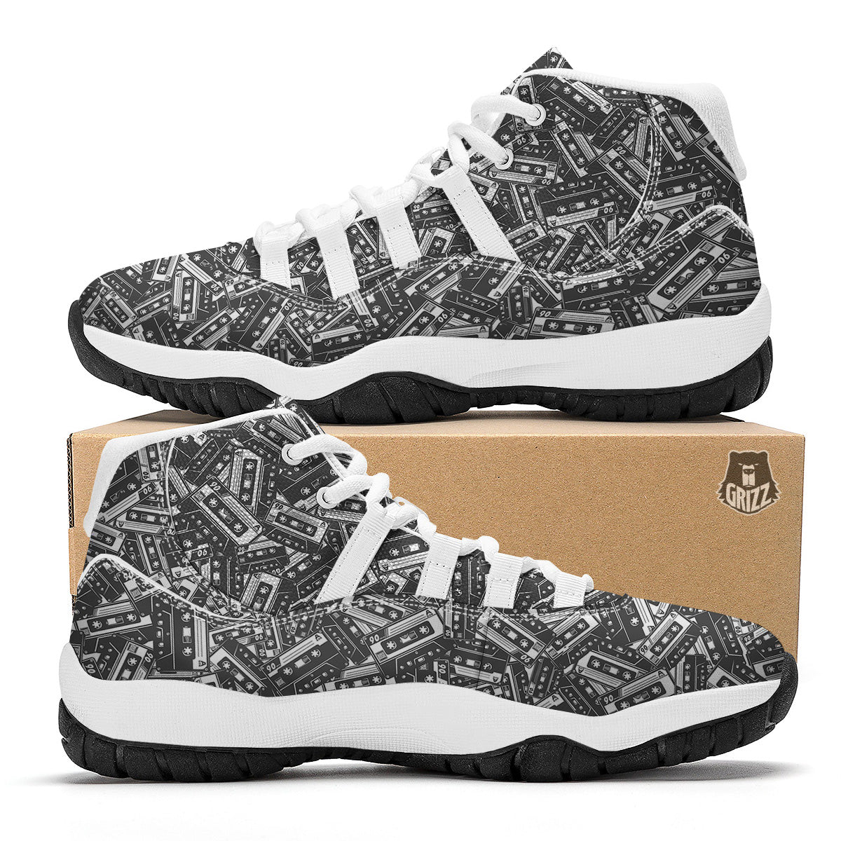 Cassette Tape Monochrome Print Pattern White Bball Shoes-grizzshop