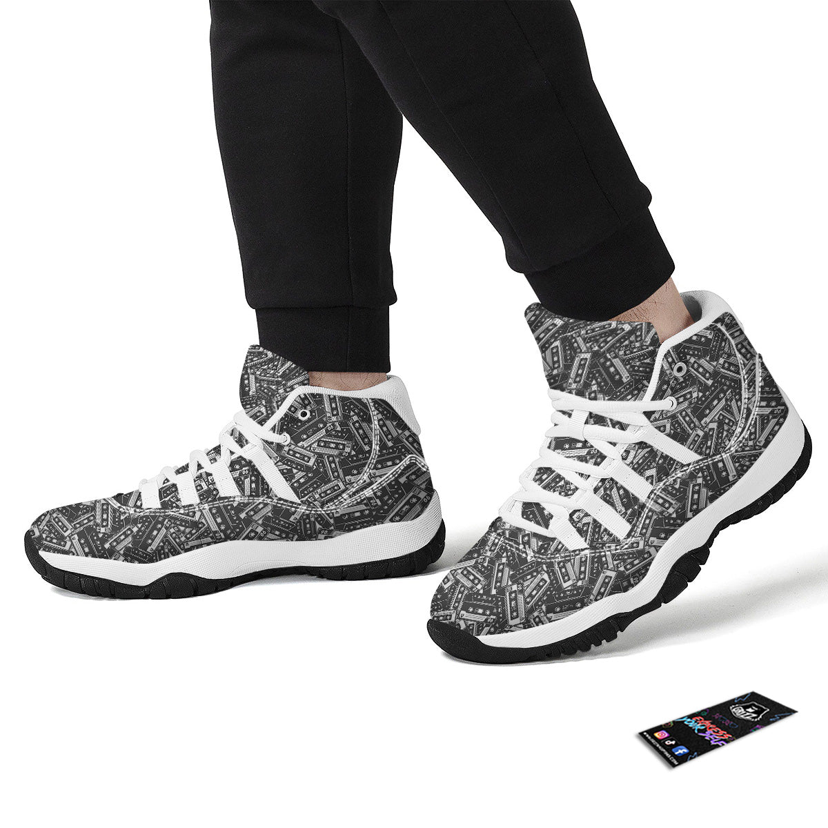 Cassette Tape Monochrome Print Pattern White Bball Shoes-grizzshop