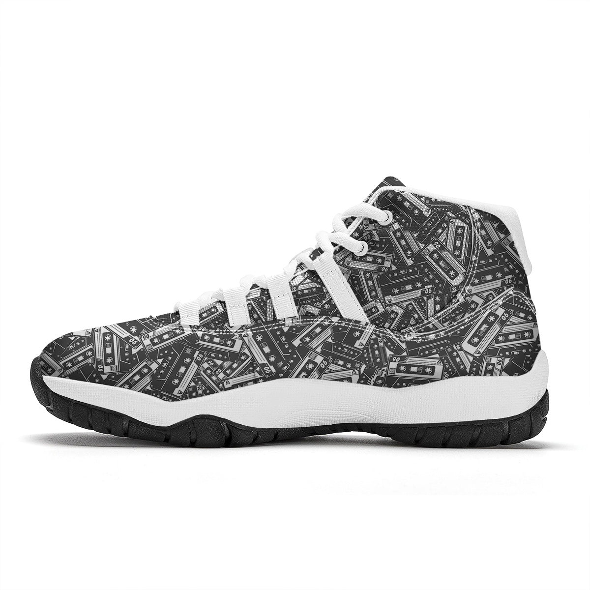 Cassette Tape Monochrome Print Pattern White Bball Shoes-grizzshop