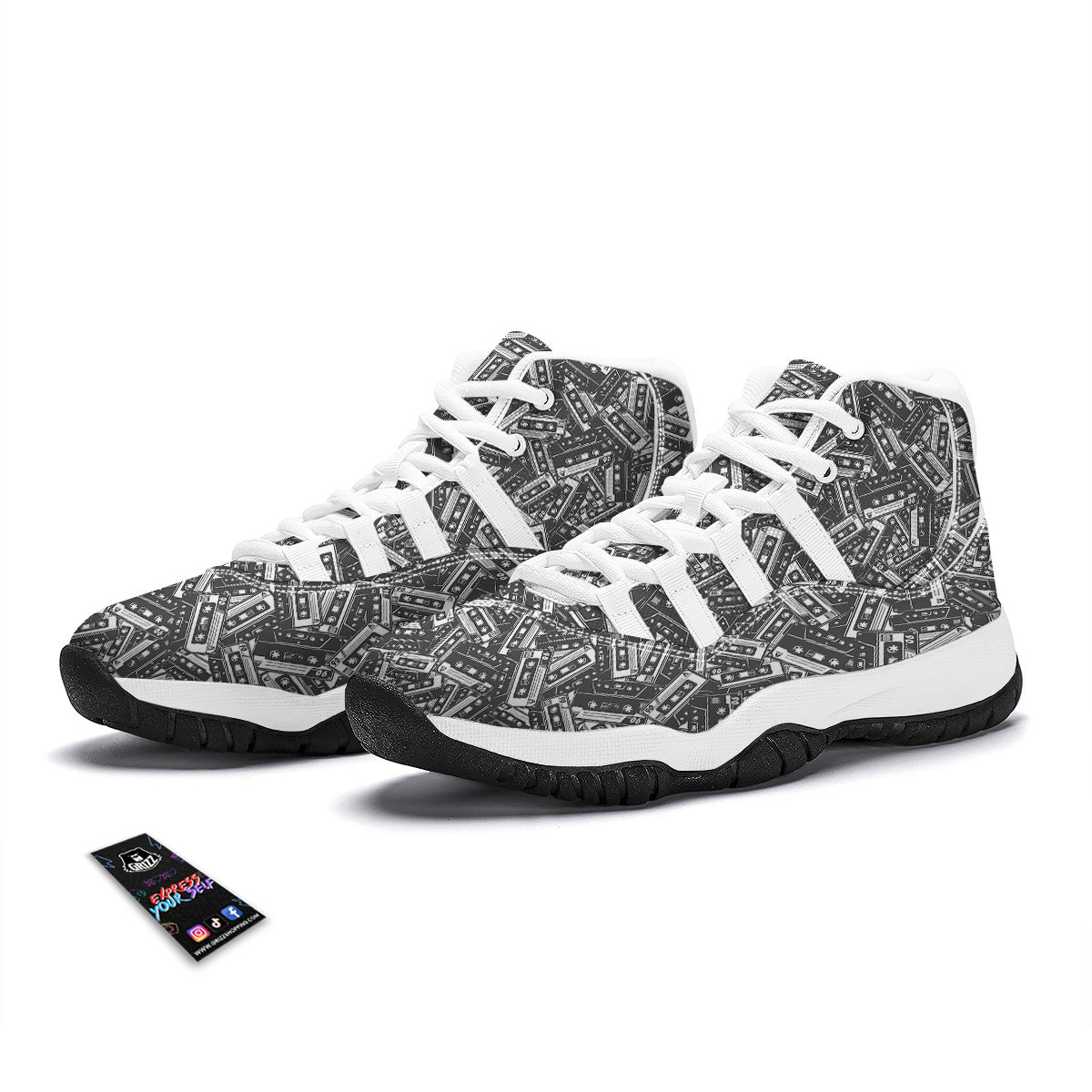 Cassette Tape Monochrome Print Pattern White Bball Shoes-grizzshop