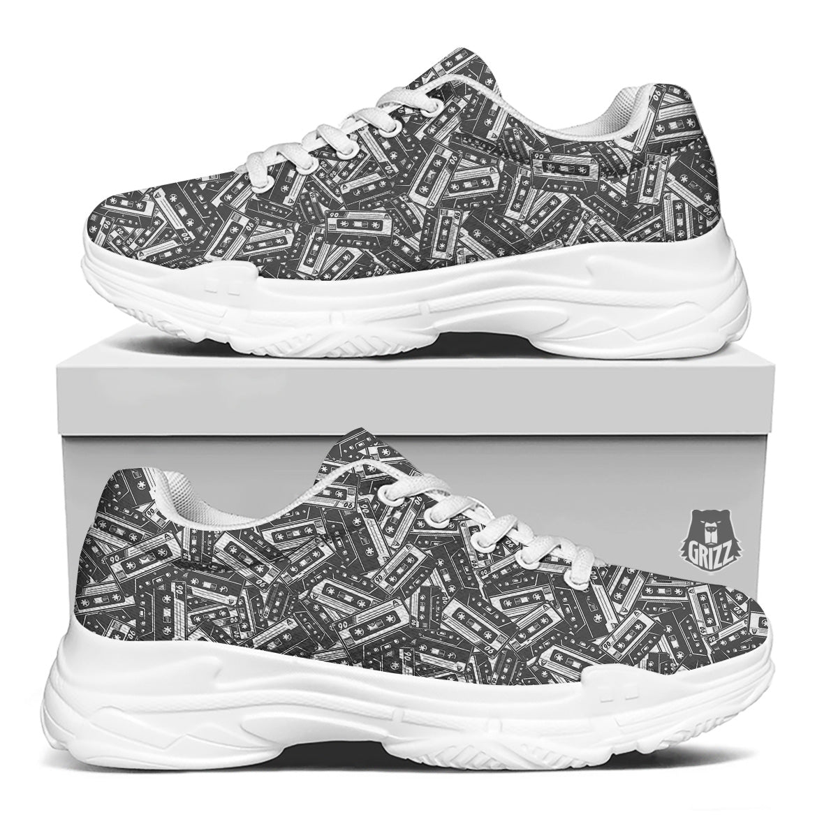 Cassette Tape Monochrome Print Pattern White Chunky Shoes-grizzshop
