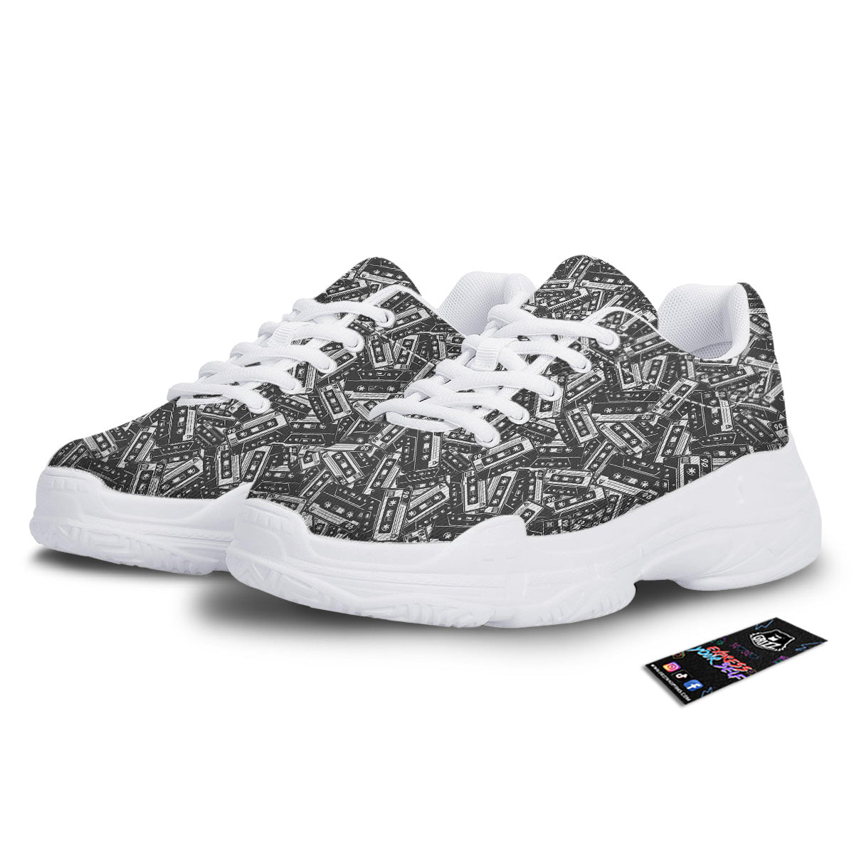 Cassette Tape Monochrome Print Pattern White Chunky Shoes-grizzshop
