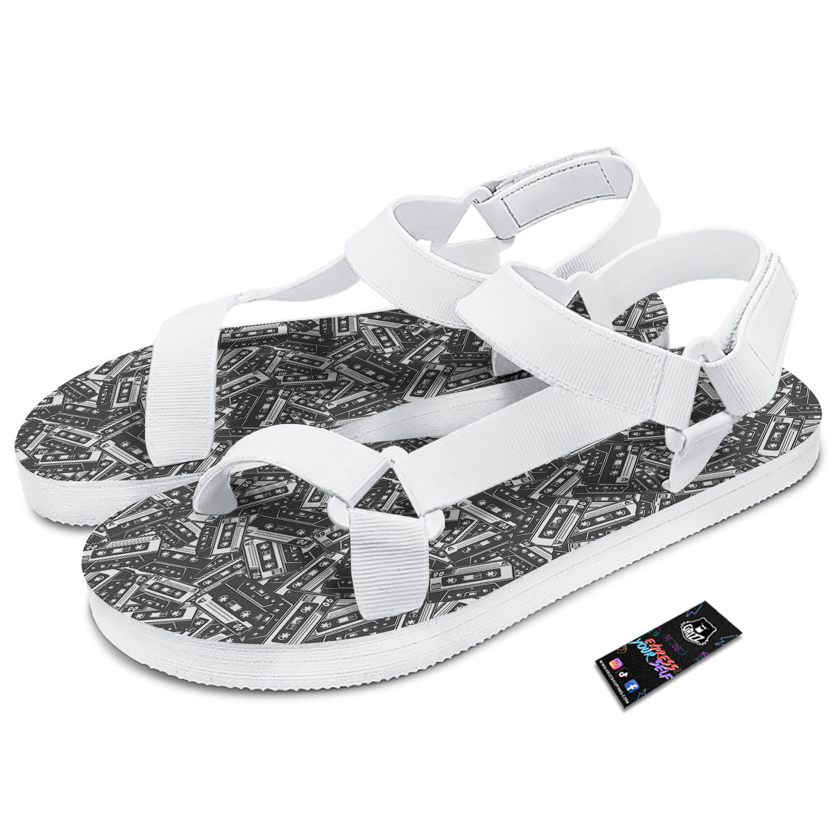 Cassette Tape Monochrome Print Pattern White Open Toe Sandals-grizzshop