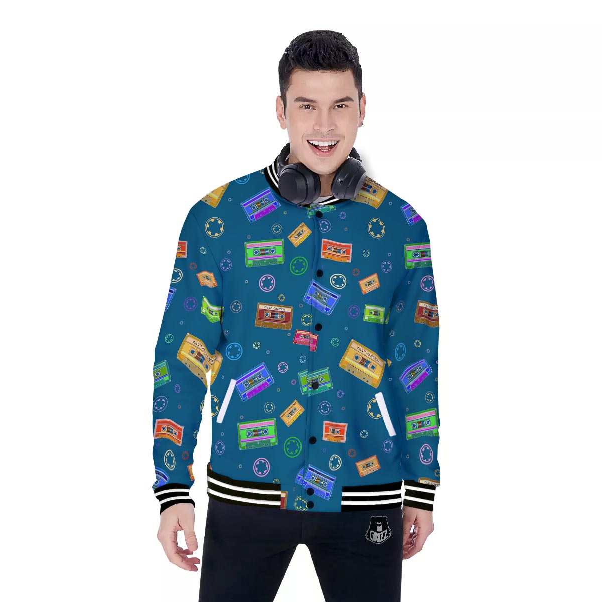 Cassette Tape Retro Print Pattern Baseball Jacket-grizzshop