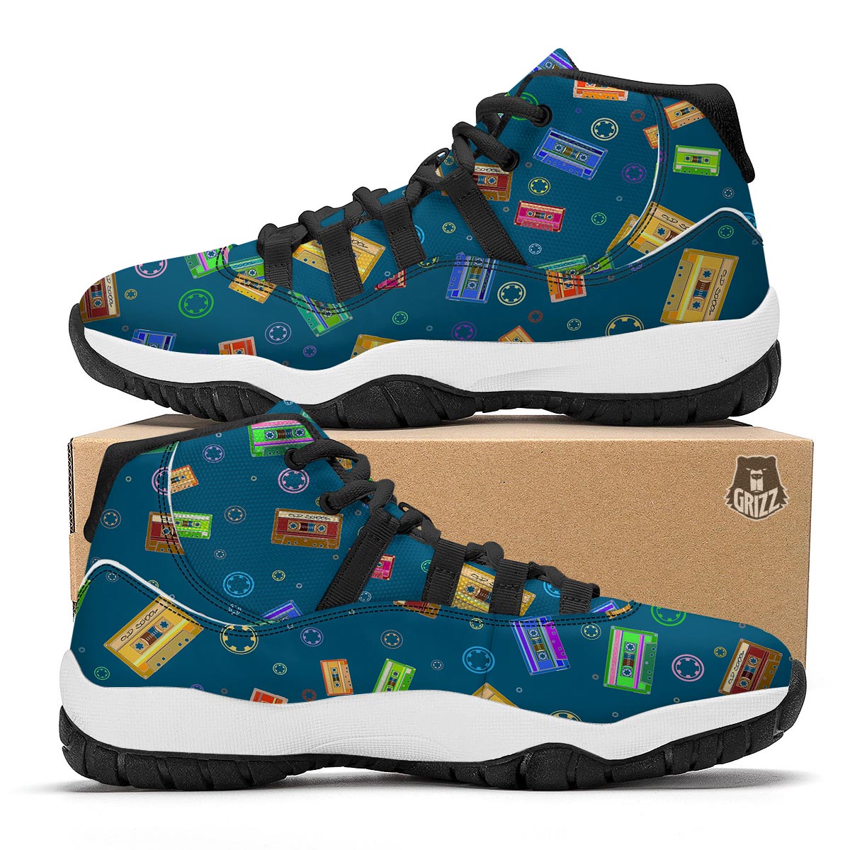 Cassette Tape Retro Print Pattern Black Bball Shoes-grizzshop