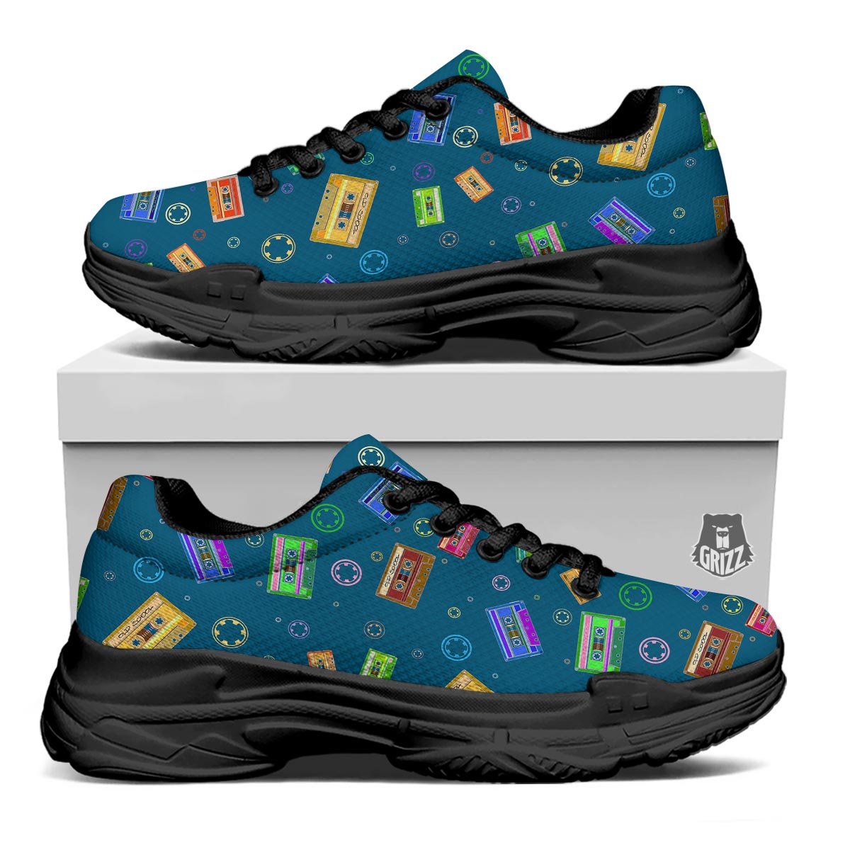 Cassette Tape Retro Print Pattern Black Chunky Shoes-grizzshop