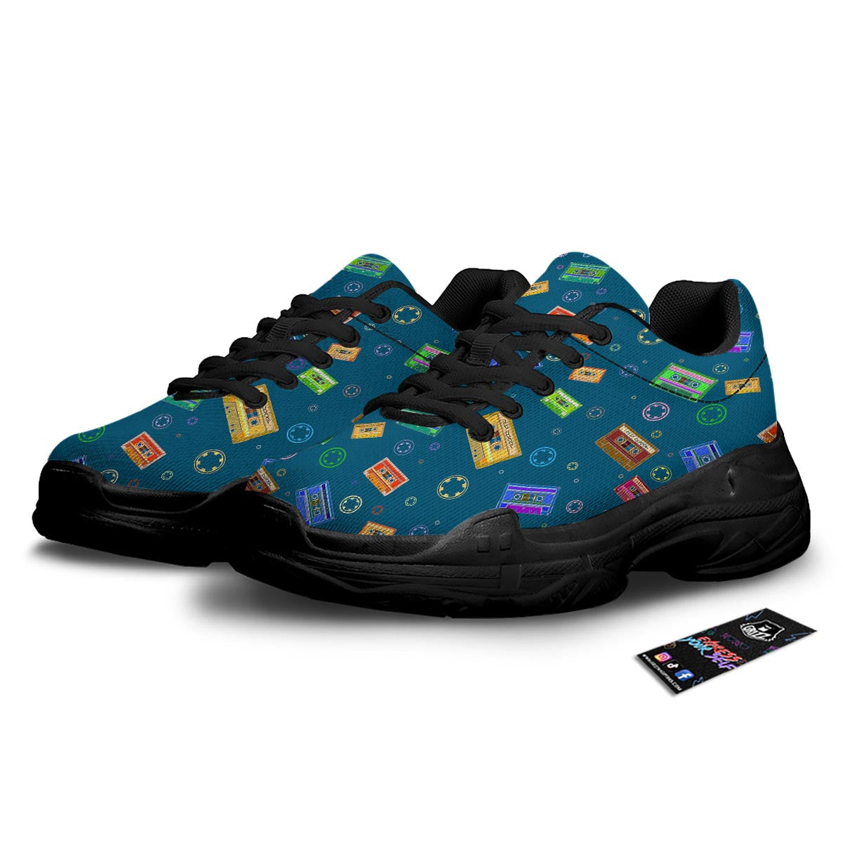 Cassette Tape Retro Print Pattern Black Chunky Shoes-grizzshop