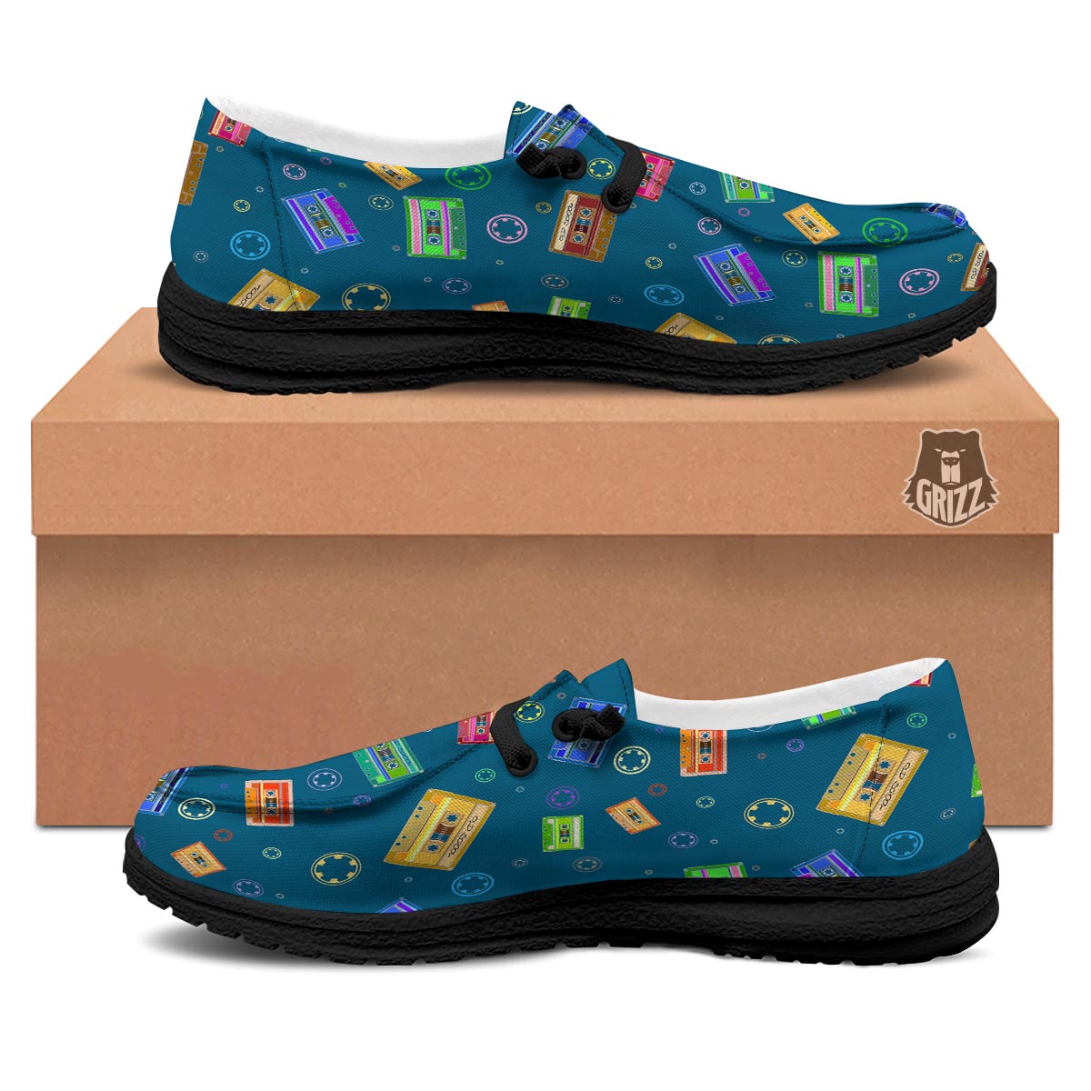 Cassette Tape Retro Print Pattern Black Loafers-grizzshop